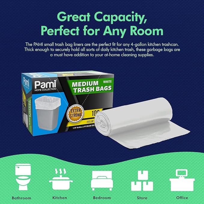 PAMI Medium 8-Gallon Trash Bags 100-Pack, White - Strong Multipurpose Plastic Wastebasket - Unscented Can Liners For Kitchen Bathroom Office-Garbage Bags, 1ft x2ft