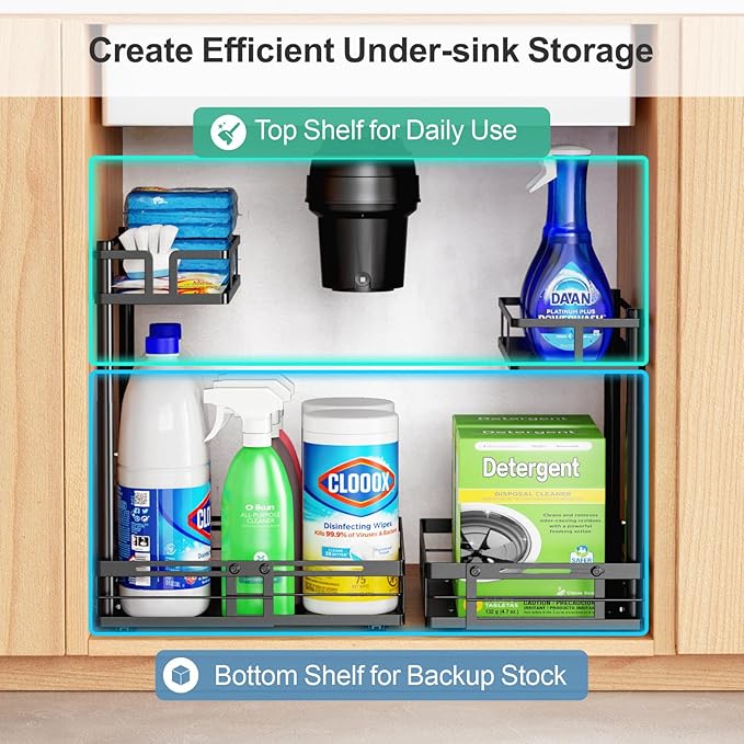 iSPECLE Kitchen Under Sink Organizer - 2 Tier Pull Out Organizer Expandable Width Add More Space, Adjustable Height Easy Get Items Without Bending, No Drilling Required Under Sink Storage