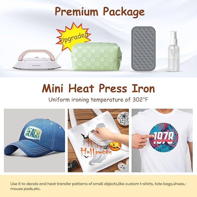 Newbealer Travel Iron with Dual Voltage - 120V/220V Lightweight Dry Iron for Clothes (No Steam), Non-Stick Ceramic Soleplate, 302℉ Heat Press Machine, w/Spray Bottle, Pouch & Silicone Stand (White)