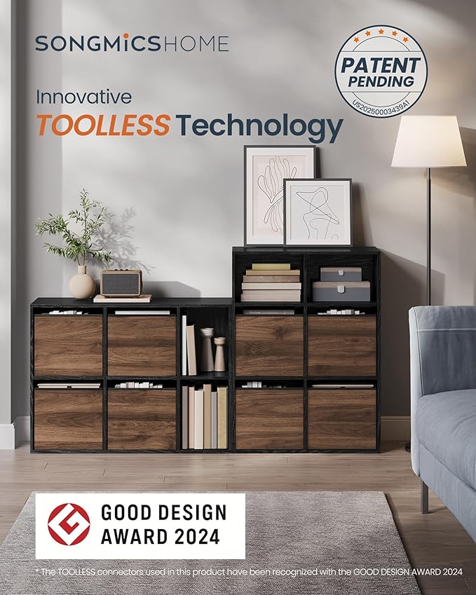 SONGMICS HOME Bookshelf, Superfast Toolless Assembly, Cube Storage Organizer with 6 Compartments, Bookcase, 4 Fabric Drawers, 10.6 x 32.7 x 24.3 Inches, Natural Walnut and Ebony Black ULBC196B01