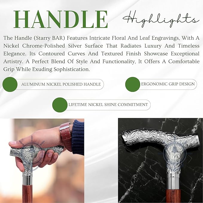 Deluxe Walking Sticks | Rosewood Crafted Cane with Solid Brass Chrome Decorative Bars | Nagina International