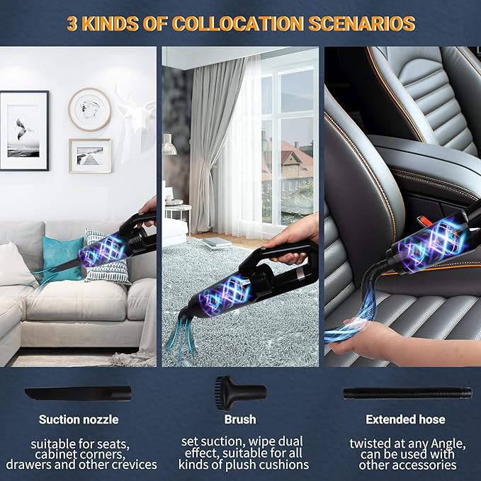 Handheld Car Vacuum Cleaner,Portable Vacuum Cleaner with 15000PA Suction,High Power Wet and Dry Mini Rechargeable Car Vacuum Cleaner with LED Light ,Multi-Nozzles for Car, Home, Office,Pet(black)