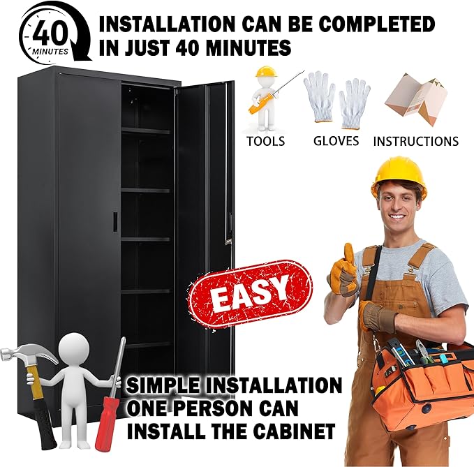 Metal Garage Storage Cabinets,71” Tall Metal File Cabinet with 5 Adjustable Shelves, Lockable Storage Cabinets for Office, Home, Garage, Warehouse 71" H x 31.5" W x 15.8" D (Black)
