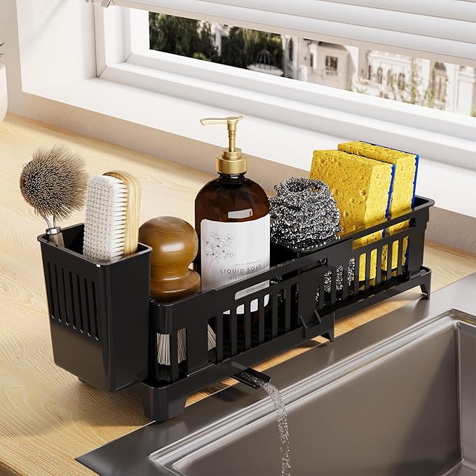 Extra Large Sponge Holder for Kitchen, Extendable Sink Caddy with High Brush Holder, Sink Caddy Organizer Rack for Sponge, Soap, Dish Brush, Scrubber, Kitchen Accessories for Organization
