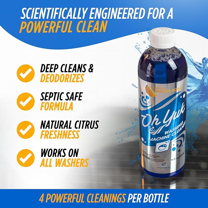 Oh Yuk Washing Machine Cleaner For All Washers (Top Load, Front Load, HE and Non-HE), Natural Citrus Fragrance, Four Cleanings Per Bottle, Septic Safe, 16 Fl Oz