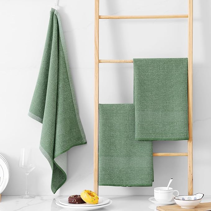 Homaxy Premium Kitchen Towels(18”x 28”, 12 Pack), Large Cotton Kitchen Hand Towels, Flat and Terry Dish Towels, 380 GSM Highly Absorbent Tea Towel Set with Hanging Loop, Grass Green