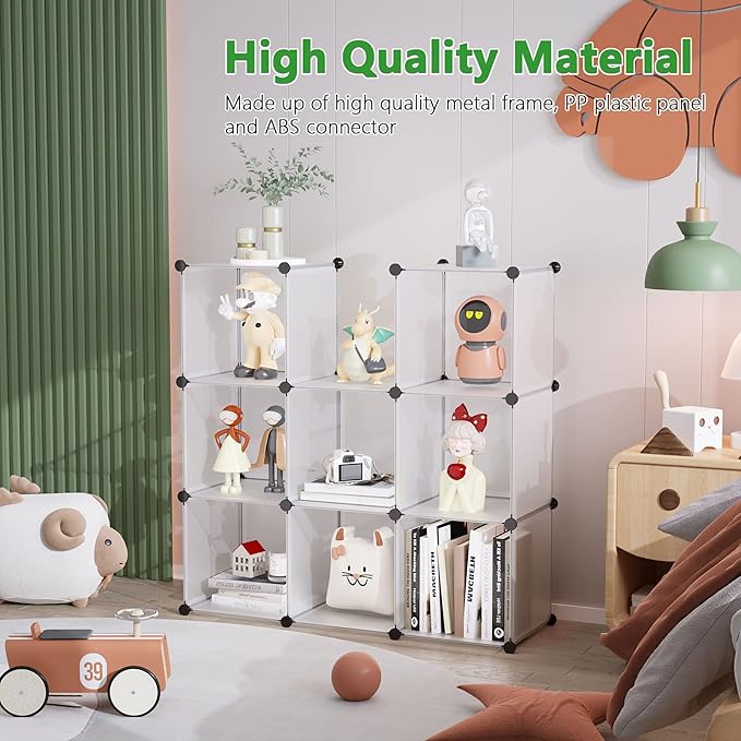 C&AHOME Cube Storage, 9-Cube Plastic Closet Cabinet Organizer, DIY Stackable Bookshelf, Modular shelving Units Ideal for Home, Office, Kids Room, 36.6"L x 12.4" W x 48.4" H Translucent White SBTM3009A