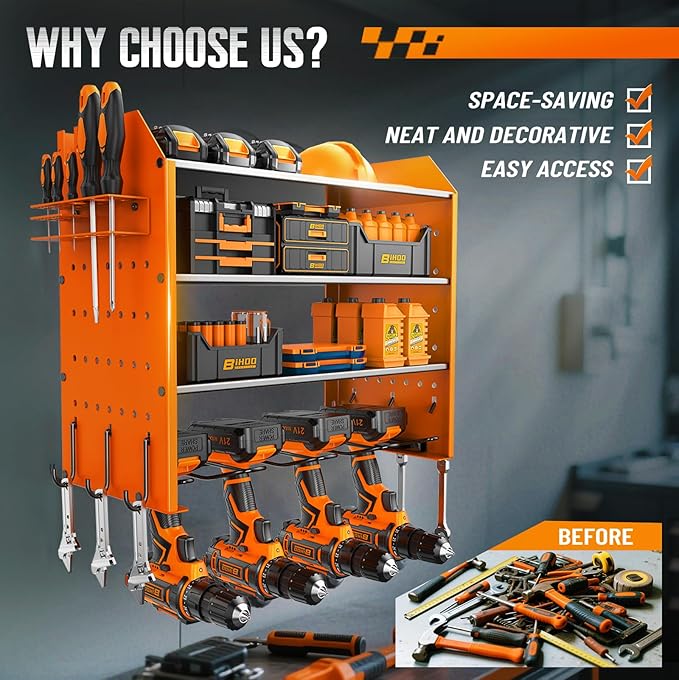 Power Tool Organizer Wall Mount, 4 Tier Tool Organizer For Space Saving,Used For Electric Drills, Saws And Toolbox Parts, Wall Hooks