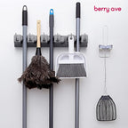 Combo 5 Slot Broom Holder w/ 1 Self Adhesive Mop Gripper No-Drilling, Wall Mount Tool Organizers For Kitchen, Garage, Laundry Room- Anti-Slip Hanger For Brooms, Mops, Rakes, Dustpans (Grey / White)