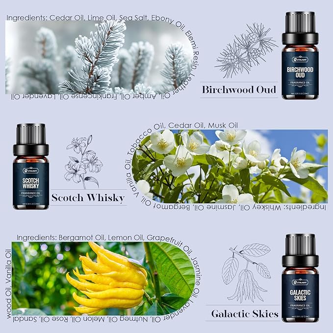 Men Essential Oils Set - TOP 6 Gentlemen's Fragrance Oil for Diffuser, Candle & Soap Making - Tobacco and Bay Leaf, Kentucky Bourbon, Galactic Skies, Scotch Whisky, Birchwood Oud