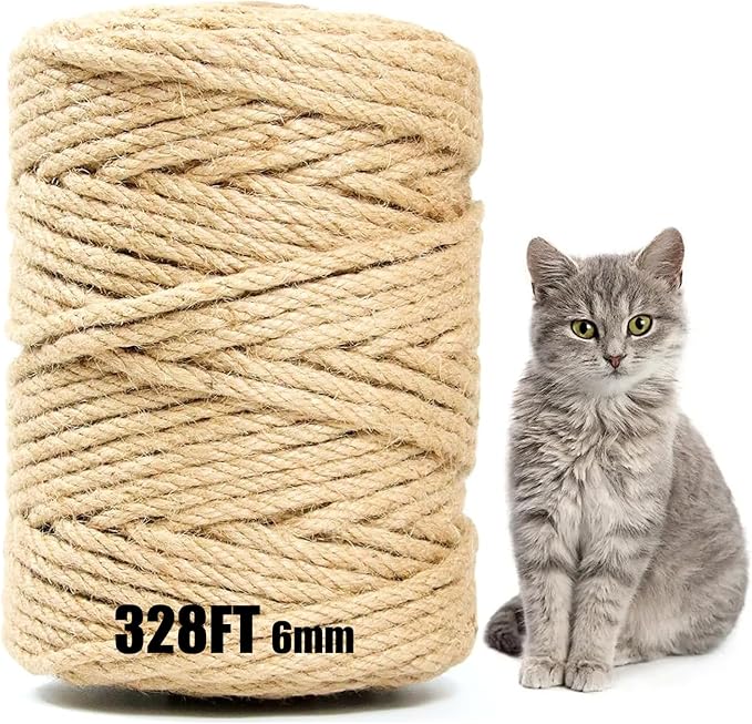 Jute Twine String 6mm x 328FT – Heavy Duty Natural Garden Twine for Crafts, Cat Scratching Posts, Packaging & DIY