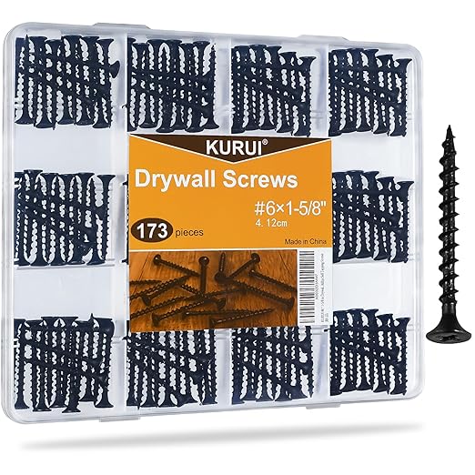 KURUI #6 * 1-5/8in Drywall Screws, Dry Wall Screws for Drywall Wood, 173Pcs Coarse Thread Sheetrock Screws - Black Bugle-Head Phillips Self Tapping Wood Screws