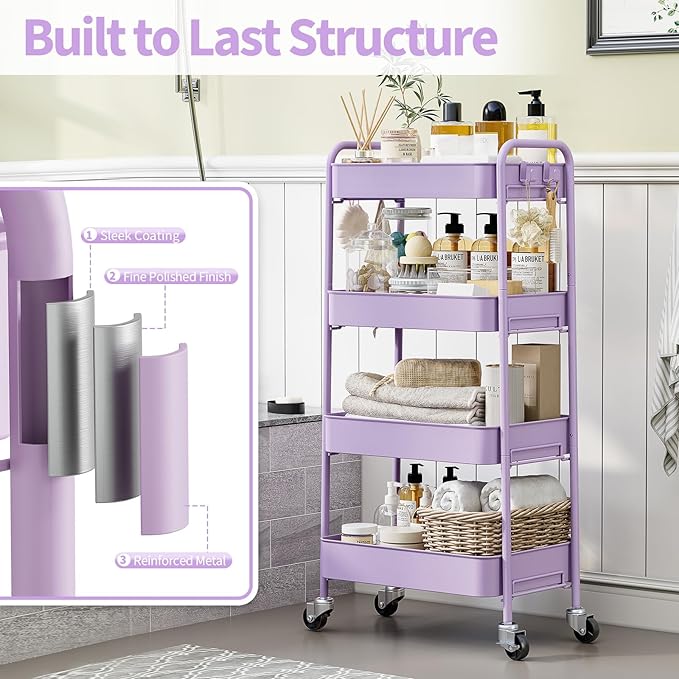 TOOLF 4-Tier Metal Rolling Cart with Wheels, Storage Utility Organizer Cart for Kitchen, Bathroom, Office, Baby Essentials & Makeup - Lockable Casters, Easy Assembly, Large Capacity, Purple