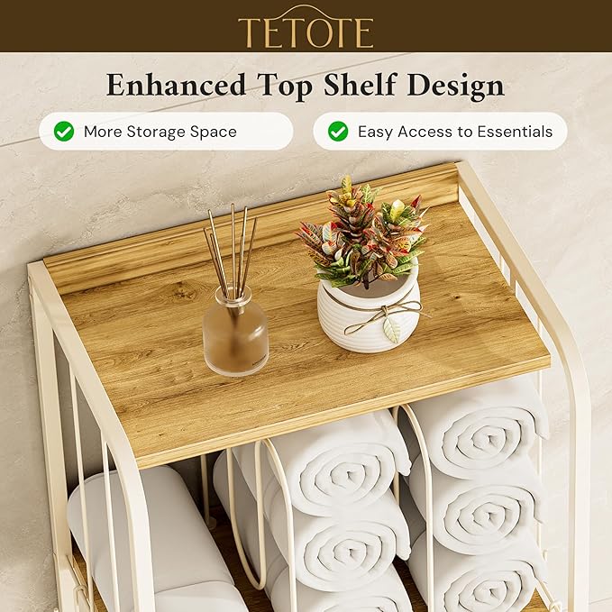 TETOTE Towel Rack 4-Tier M-Shaped Detachable Dividers Towel Storage Organizer with Hooks Modern Towel Stand Shelf for Bathroom, Pool, Kitchen, Living Room, White