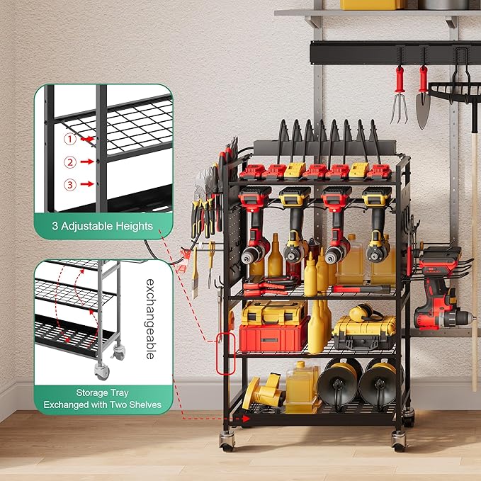 Power Tool Organizer Cart with Charging Station, Garage Floor Rolling Storage for 6 Mobile Drill, Mechanic, Power Tool Box Utility Cart with Battery Charging, Black, Gift for Men, Father