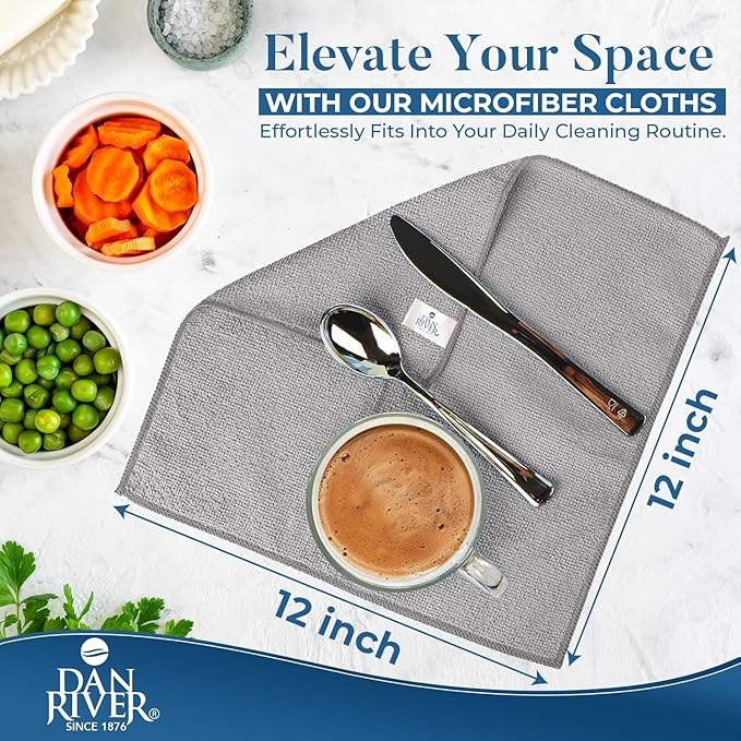 DAN RIVER 24-Pack Gray Microfiber Towels – Ultra Absorbent, Lint-Free & Streak-Free Cleaning Cloths for House, Car & Kitchen - Must-Have Cleaning Essentials - 12" x 12"