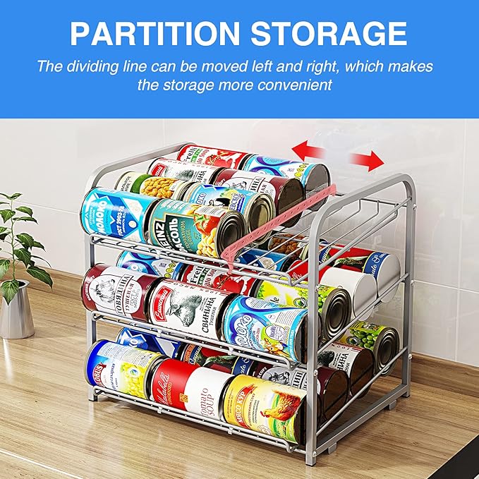 AIYAKA Can Rack Organizer, 3 Tier Stackable Can Storage Dispenser–12.2" D x 16.6" W x 14.5" H,for Food Storage, Kitchen Cabinets or Pantry, Storage for 36 Cans, Silver