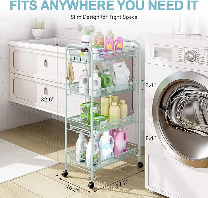 TOOLF 4-Tier Rolling Cart, Metal Utility Cart with 3 Hooks, Easy Assemble Mobile Storage Trolley On Wheels, Metal Shelving Units Kitchen Bathroom Laundry Room