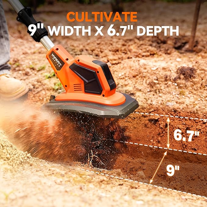 Cordless Tiller Cultivator, 21V 360RPM Electric Garden Tiller with 2x2.0Ah Battery & Charger, Battery Powered Garden Cultivator, 9" Width, 6.7" Depth, 48 Steel Tines Garden Rototiller for Gardening