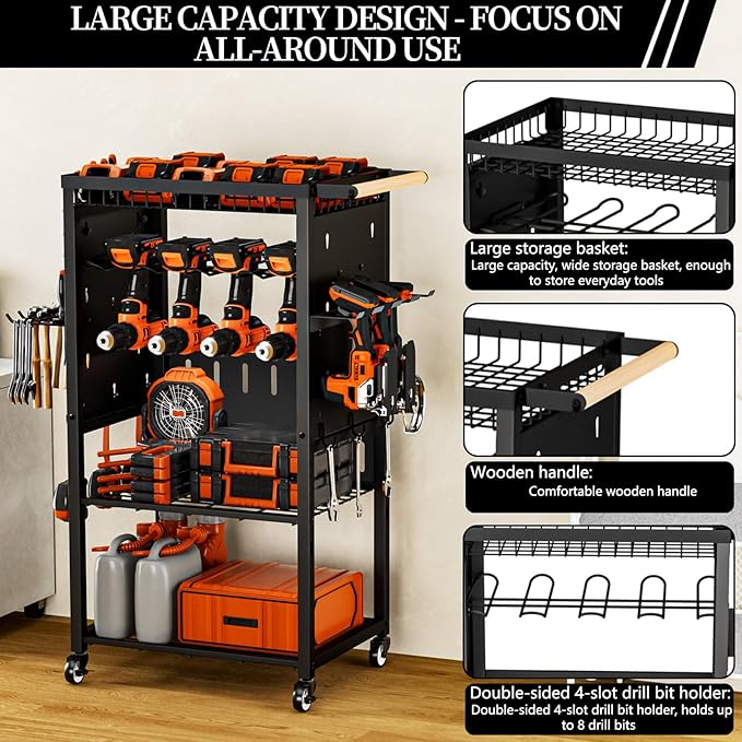 Pure Metal Heavy-Duty Tool Cart, Tool Organizer, 4 Layers + 4 Multifunctional Side Hangers, Integrated Design Power Tool Organizer, Practical Gift for Men, Husbands, and Fathers.