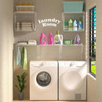2 Pack Laundry Room Shelves Wall Mounted with Wire Baskets, Over the Washer and Dryer Shelf with Clothes Drying Rack, 8 Hooks，Wire Shelves Baskets for Laundry Closet Organization and Storage, White