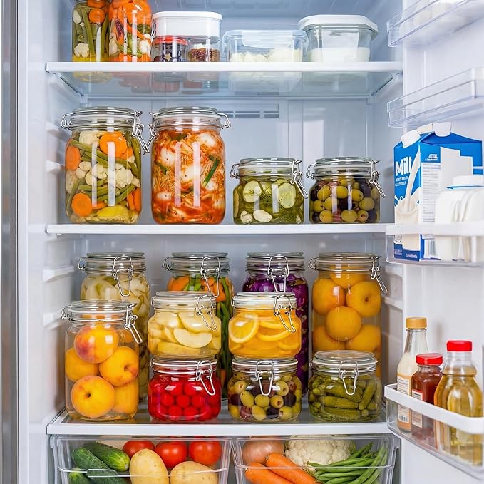 Multi Size - 5 Pack Square Glass Jars with Airtight Lid, Wide Mouth Mason Jars with Clamp Lids, Air Tight Glass Canisters, Best Food Storage Containers for Cereal, Pasta, Rice, Sugar, Coffee, Spice