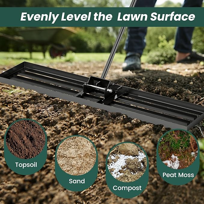 Goplus Lawn Leveling Rake, 46" x 10" Heavy Duty Level Lawn Tool w/ Ergonomic Handle for Soil, Effort-Saving Landscape Rake for Garden, Backyard, Golf Course, Farm, Pasture, Black