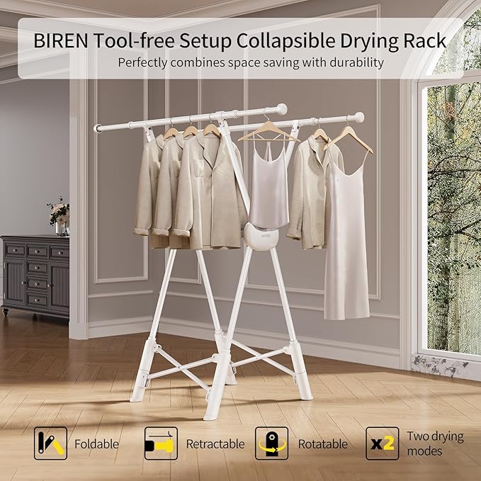 BIREN Clothes Drying Rack Heavy Duty Clothing Racks Extending Laundry Rack Two Drying Modes Garment Racks for Drying Clothes, Adjustable Length from 32-55 Inches for Indoor Outdoor Use
