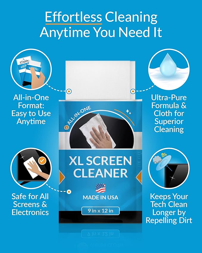 iCloth XL Screen Cleaning Wipes, Lint-Free and Streak-Free, Fast-Drying, Removes Dust, Fingerprints, and Smudges (24 XL Wipes)