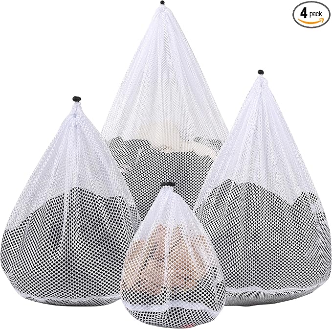 4Pcs Mesh Laundry Bags Washing Machine Mesh Wash Bags for Clothes,Underwear,Lingerie, Bed Linen with Drawstring Closure Sturdy(4 Size)