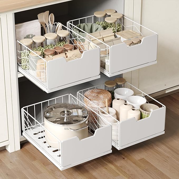 NETEL Pull Out Cabinet Organizer, 4 Pack No Drill Slide Out Drawers for Kitchen Cabinets, Metal Pantry Pull Out Shelves, Kitchen Cabinet Organizer, Pull Out Home Organizers,11.8" W X 15.7" D X 6.9" H