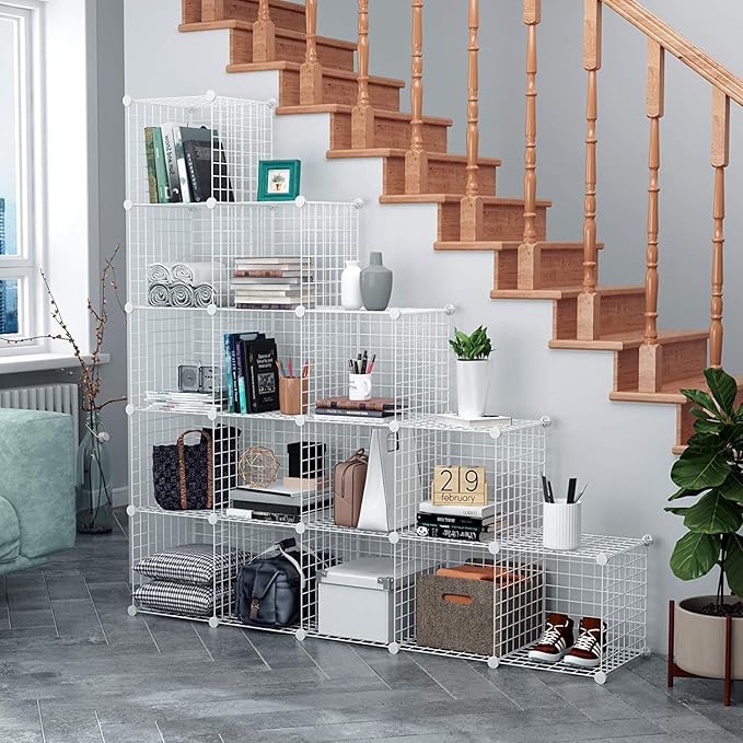 HUBSON Wire Cube Storage Organizer, Book/Toy/Craft/Potted Plants and Pet Closet Organizers, 16-Cube Freely Combinable Metal Grid Storage Shelf, White Iron