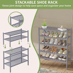 ROMGUAR CRAFT 3 Tier Bamboo Shoe Rack for Closet Free Standing Wood Shoe Shelf Storage Organizer for Entryway Small Space Stackable 27"x11"x20" (Grey)