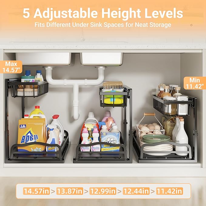 AceMining Under Sink Organizer, 2 Pack Pull-Out Under Cabinet Organizer, 2 Tier Under Sink Storage with Sliding Basket, L-Shaped and Adjustable Height Design for Kitchen and Bathroom
