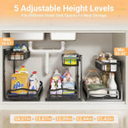 AceMining Under Sink Organizer, 2 Pack Pull-Out Under Cabinet Organizer, 2 Tier Under Sink Storage with Sliding Basket, L-Shaped and Adjustable Height Design for Kitchen and Bathroom