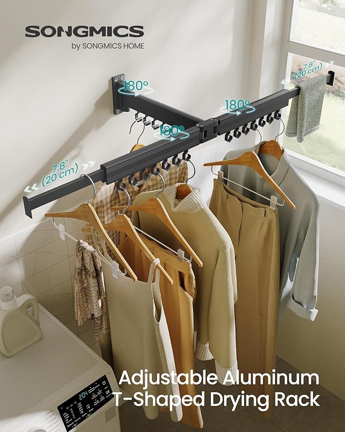 SONGMICS Clothes Drying Rack, Wall-Mounted Laundry Drying Rack, Extendable, Foldable Arms, with 21 Swivel Sliding Hooks, Space-Saving, for Laundry Room, Bathroom, Ink Black ULLR807B01