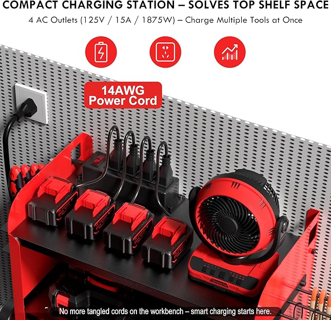 KSVO Power Tool Organizer Wall Mount with Drill Rack & Locking Drawers - Heavy Duty Metal Tool Shelf for Garage, Workshop, Shed, Basement Tool Organization - Gift for Men/Father (Red)