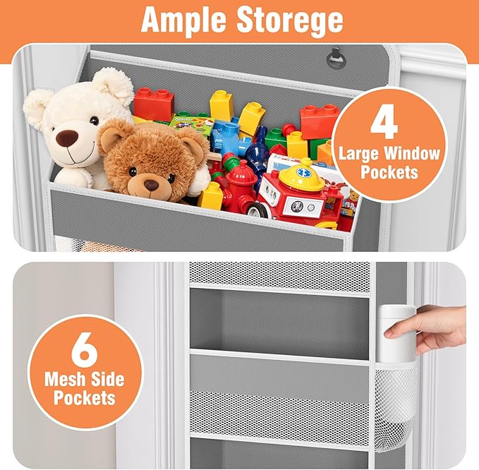 WISELIFE Over the Door Organizer - 4 Shelves Large Capacity Hanging Bedroom Storage Solution with 6 Side Pockets for Dorm Bathroom Pantry Nursery and Baby Essentials Holds up to 40 lbs (Grey)
