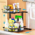 Under Sink Organizer Storage 1 pack, 2 Tier Slide Out Height Adjustable Pull Out Cabinet Organizer Drawers, Kitchen Bathroom Large Capacity Metal Under Sink Rack Caddy Basket Shelves, Black