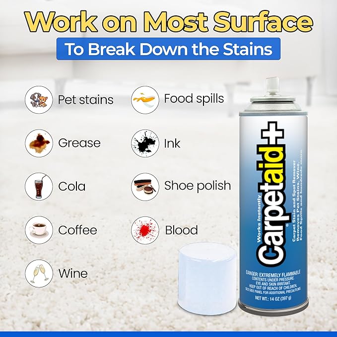 Carpet Aid Spot and Stain Remover, pH Balanced Cleaner for Carpets, Rugs, and Upholstery – Removes Oil, Grease, Ink, Coffee, Pet Urine, and Lipstick