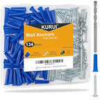 KURUI #12-16 Wall Anchors and Screws Kit, 134 PCs Drywall Anchors for Drywall Brick Masonry Stucco Concrete, 67 Plastic Concrete Anchors and 67 Wood Screws, Drywall Anchors for Picture, Curtain Rod
