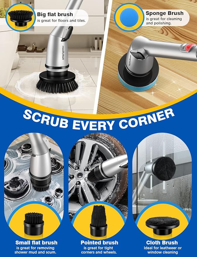 Rechargeable Cordless Electric Scrubber with 5 Cleaning Brush Heads, Powerful Adjustable Shower with Long Handle Extension Arm for Bathroom, Tub, Tile, Car, Floor