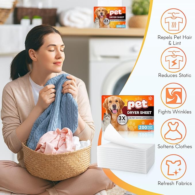 Pet Hair Remover for Laundry, Lint Dryer Sheets, 3 X Pet Hair Fighters, Reduces Static, Adds Softness (Unscented,400 Count)