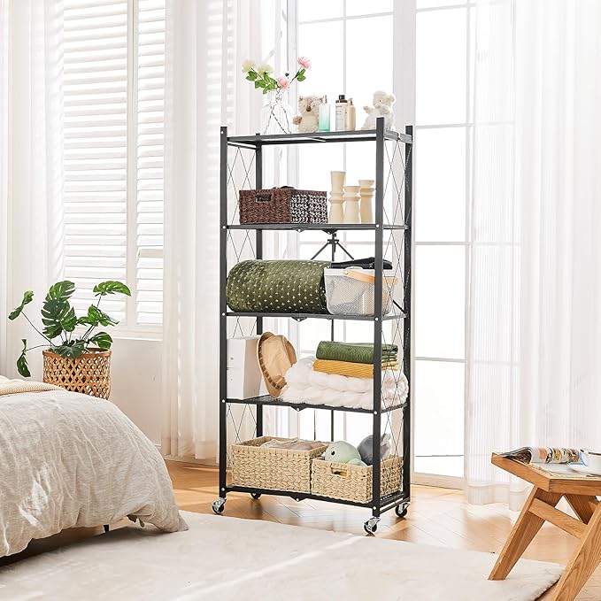 BRIAN & DANY 5-Tier Foldable Storage Shelves with Wheels, Folding Metal Rack Shelving Unit, Heavy Duty No Assembly Organizer Shelf for Garage, Kitchen, Basement, Pantry, Black
