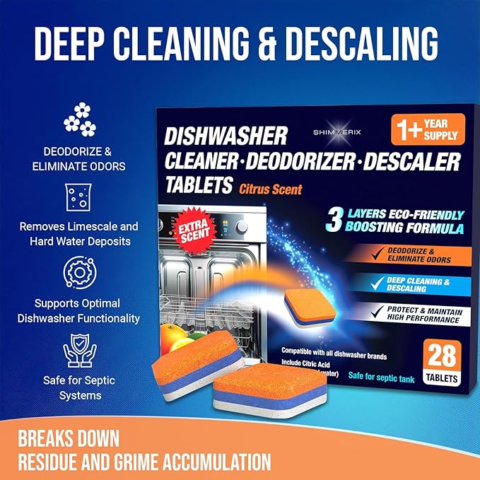 Washer & Dishwasher Cleaner Tablets - 2-in-1 Deep Cleaning for Pet Owners - Remove Pet Hair, Smells & Hard Water Build-Up - HE & Septic Safe - Scented Descaler Pods with Citric Acid - 56 Tabs, Citrus