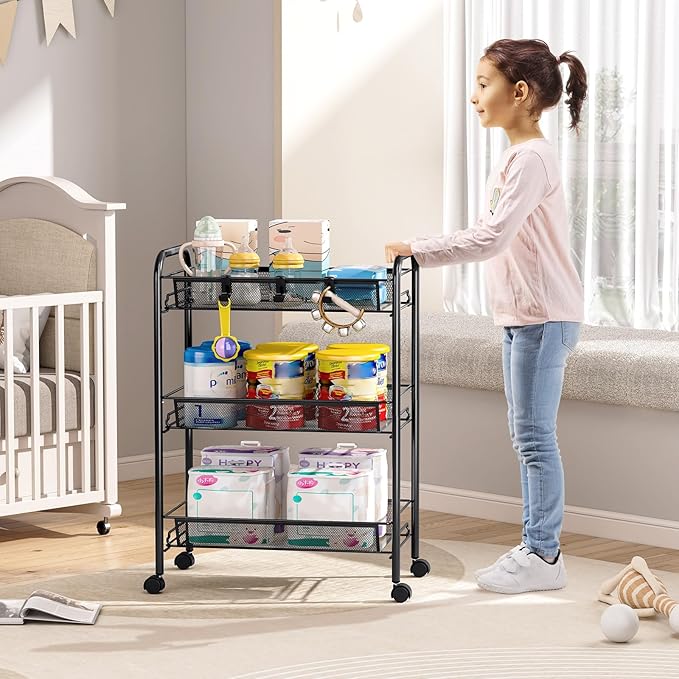 TOOLF 3-Tier Metal Rolling Cart, Mesh Wire Easy Assemble Utility Cart, Storage Trolley on Wheels with 3 Hooks, MetalStorage Shelving Units for Kitchen Bathroom Laundry Room