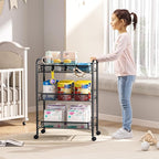 TOOLF 3-Tier Metal Rolling Cart, Mesh Wire Easy Assemble Utility Cart, Storage Trolley on Wheels with 3 Hooks, MetalStorage Shelving Units for Kitchen Bathroom Laundry Room
