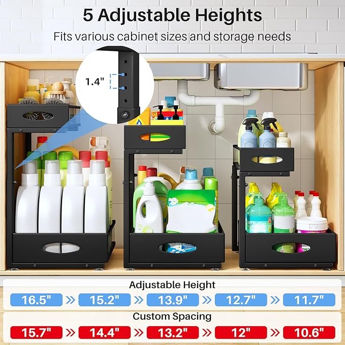 Under Sink Organizer, 2 Tier Pull Out Under Cabinet Organizer Shelf with Pad for Framed Cabinets, Metal Slide Out Under Sink Storage, Mesh Sliding Drawers for Kitchen Bathroom Laundry(Black, 1 Pack)