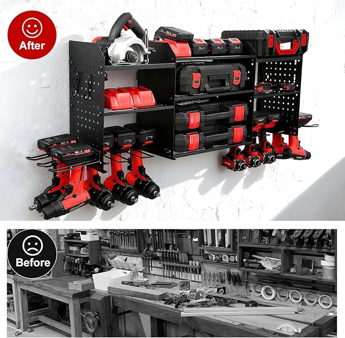 3 layers power tool organizer Loads 150lbs with 10 Cordless Drill Holder and 8 Outlet Power Strip,it’s good choice for husband birthday gift,black