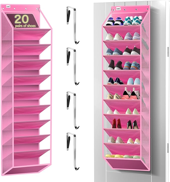 10 Tier Hanging Shoe Rack - Heavy Duty Behind The Door Hanging Shoe Rack, Sturdy Oxford Cloth, 20+ Pairs Over The Door Shoe Cabinet for Boots and Sneakers - Save 50% Closet Space! (Pink)